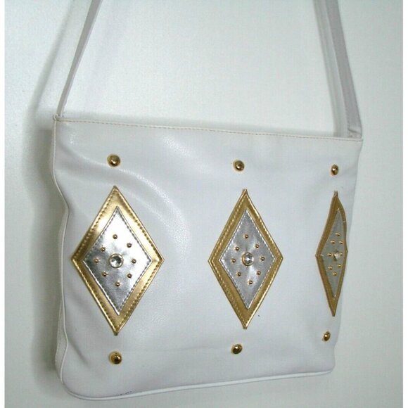 Retro Silver Gold Diamond Design White Crossbody Bag Faux Leather Granny Core - Picture 2 of 13